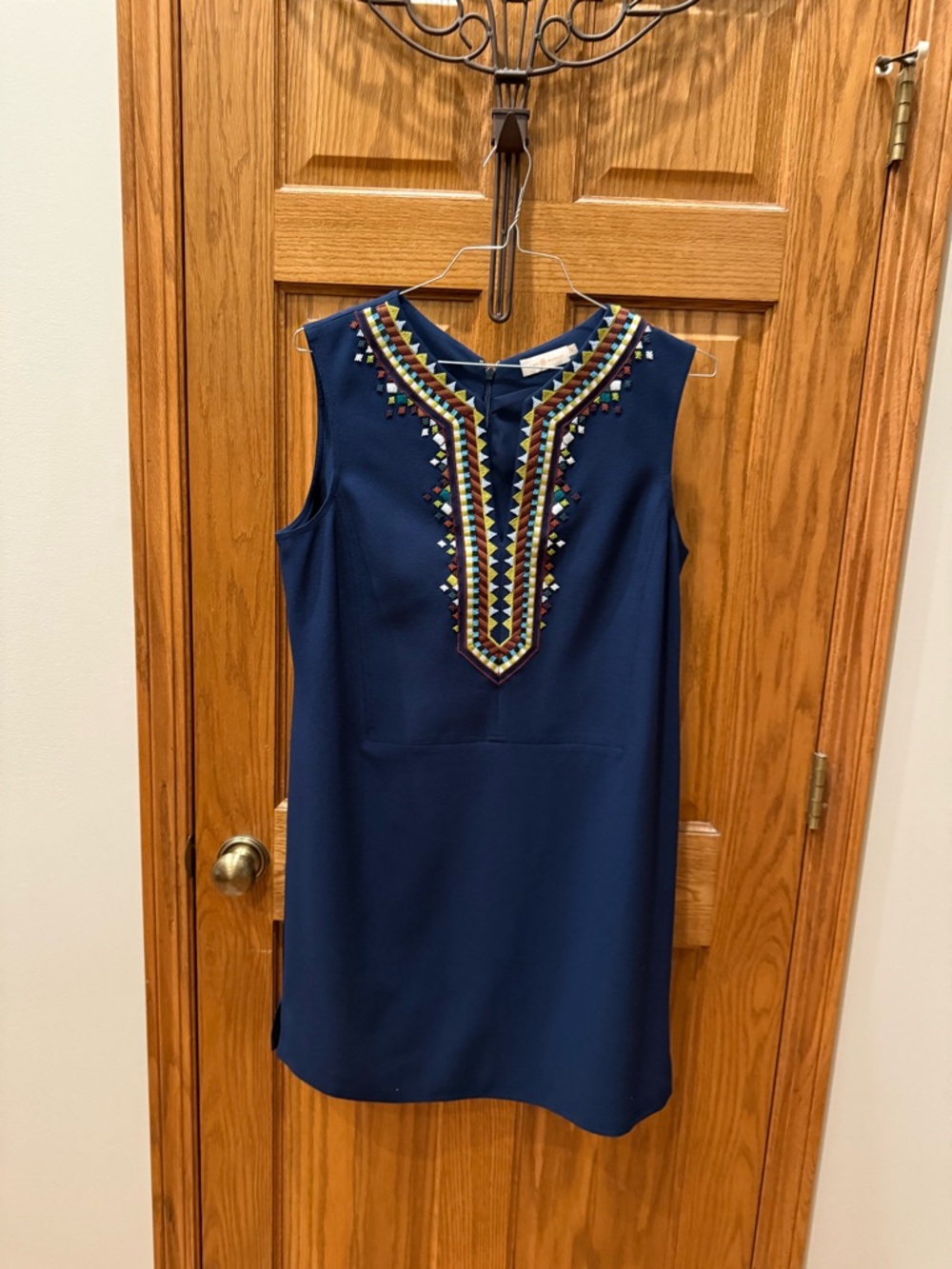 Tory Burch Sophia Embroidered and Beaded Dress Royal Navy SZ 14 - Picture 2 of 5